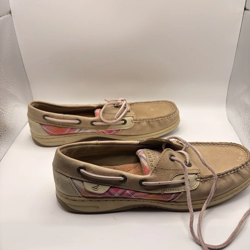 Sperry Top-Sider Women's 9M Tan Leather Pink Plaid Boat Shoes Loafers